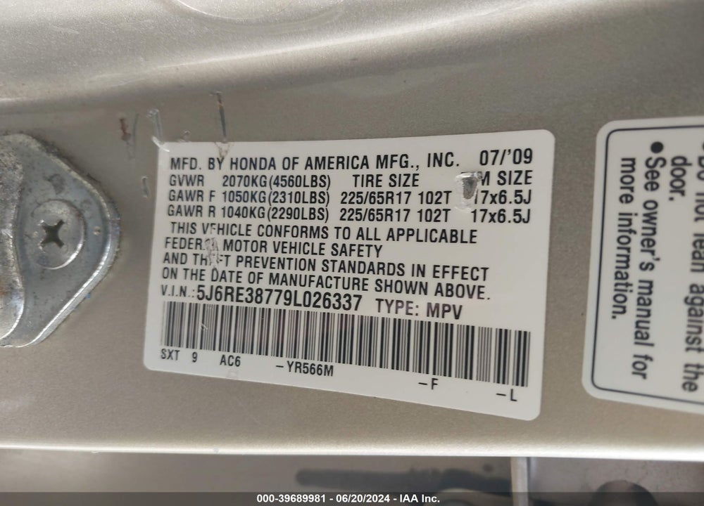 2009 HONDA CR-V EX-L VIN: 5J6RE38779L026337