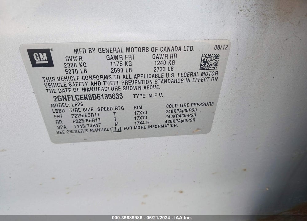 2013 CHEVROLET EQUINOX LS VIN: 2GNFLCEK8D6135633