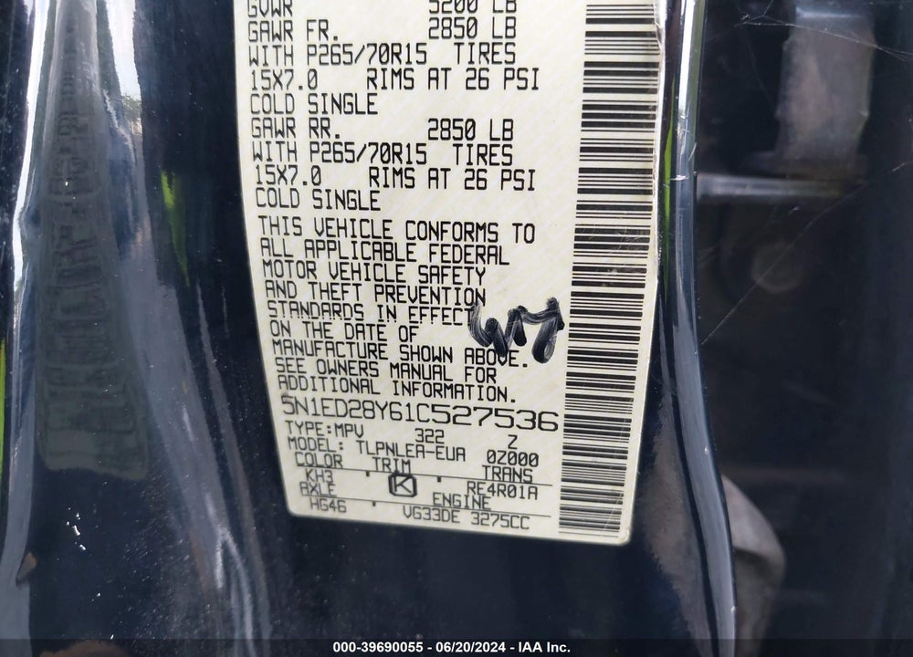 2001 NISSAN XTERRA XE VIN: 5N1ED28Y61C527536