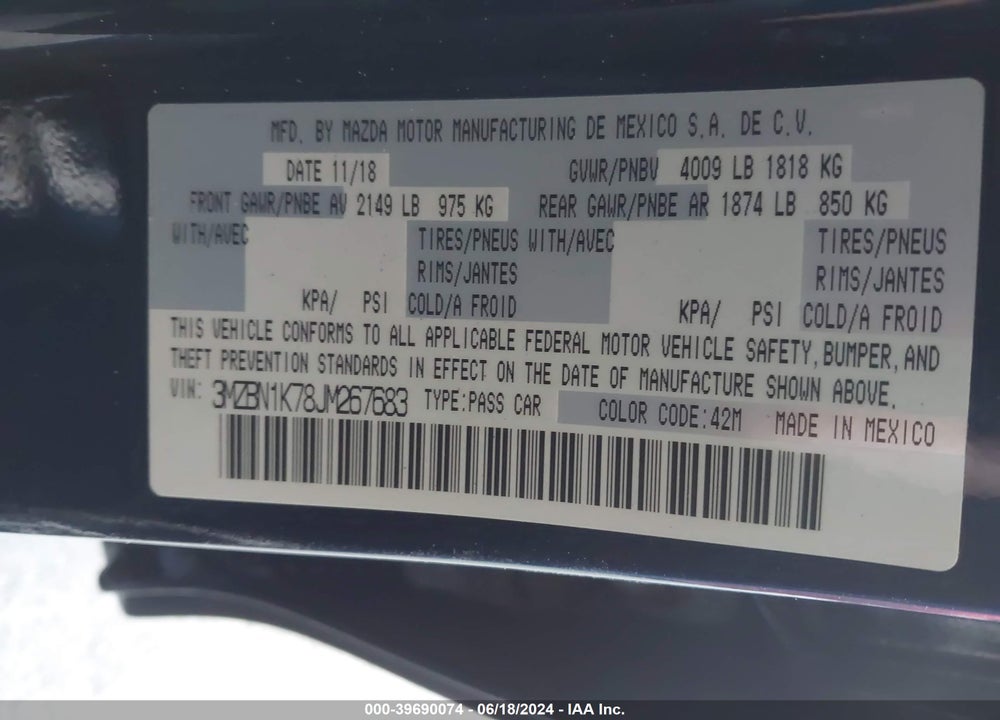 2018 MAZDA 3 SPORT VIN: 3MZBN1K78JM267683
