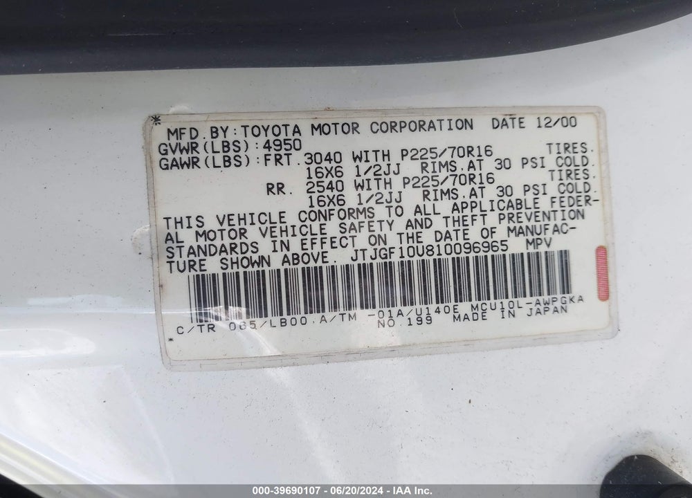 2001 LEXUS RX 300 VIN: JTJGF10U810096965