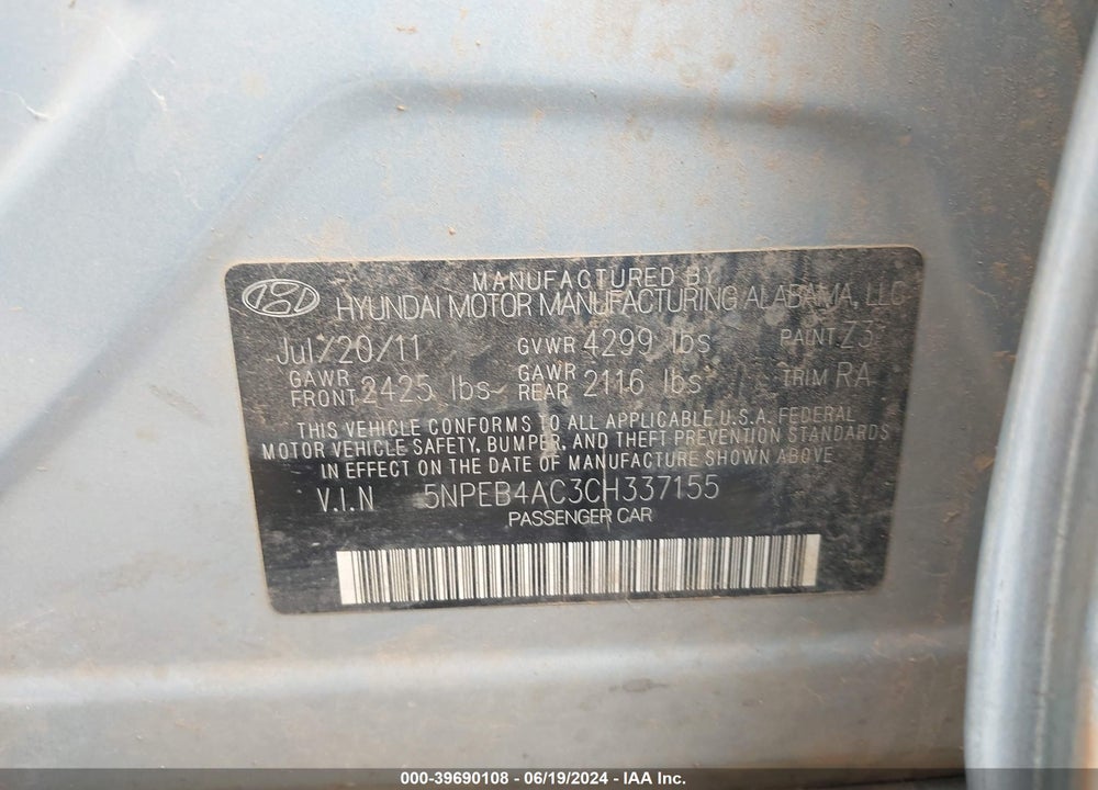 2012 HYUNDAI SONATA GLS VIN: 5NPEB4AC3CH337155