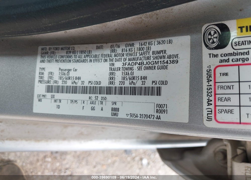 2016 FORD FIESTA SE VIN: 3FADP4BJ0GM154389