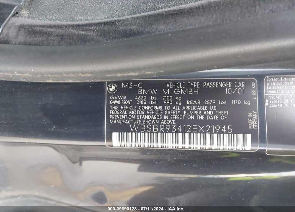 2002 BMW M3 VIN: WBSBR93412EX21945