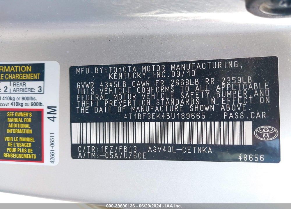 2011 TOYOTA CAMRY LE VIN: 4T1BF3EK4BU189665