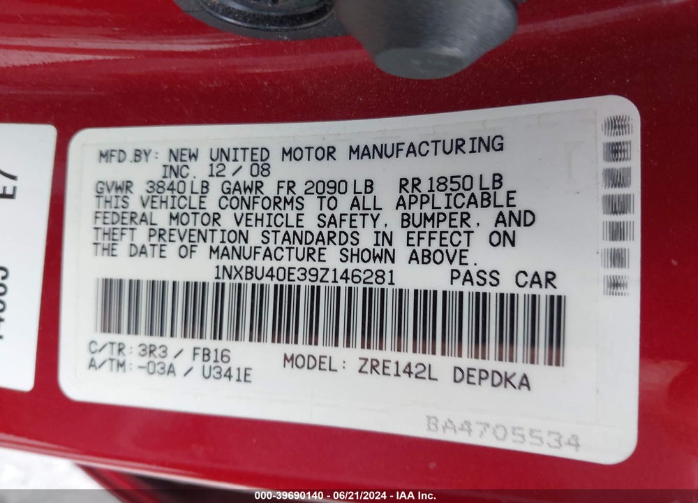 2009 TOYOTA COROLLA LE VIN: 1NXBU40E39Z146281