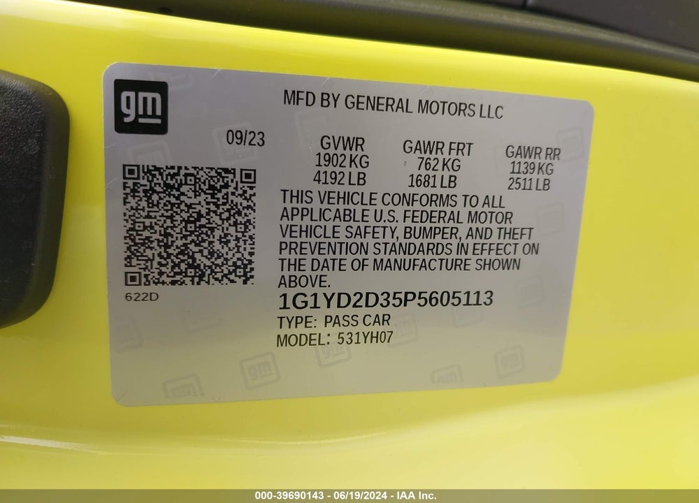 2023 CHEVROLET CORVETTE Z06 RWD  1LZ VIN: 1G1YD2D35P5605113