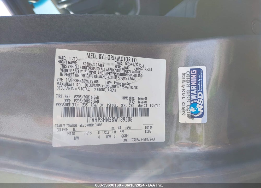 2011 FORD FOCUS SEL VIN: 1FAHP3HN5BW189508