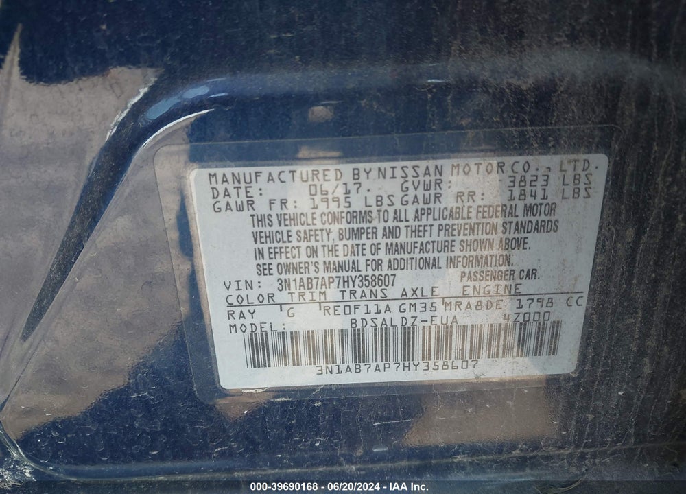 2017 NISSAN SENTRA SV VIN: 3N1AB7AP7HY358607