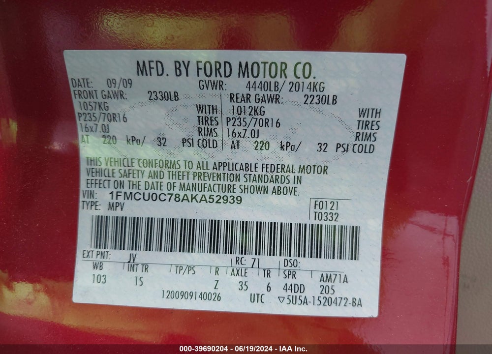 2010 FORD ESCAPE XLS VIN: 1FMCU0C78AKA52939