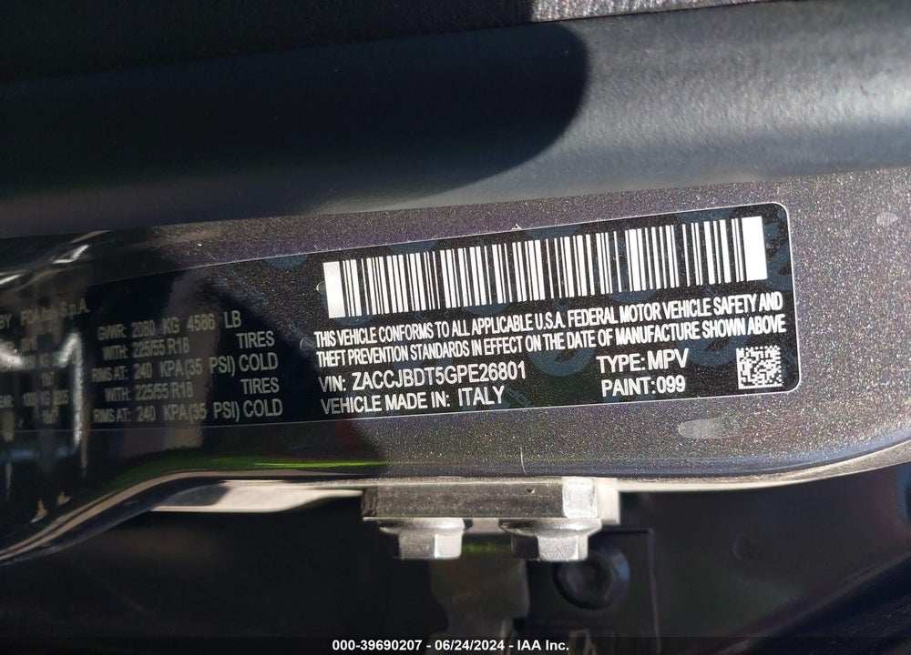 2016 JEEP RENEGADE LIMITED VIN: ZACCJBDT5GPE26801