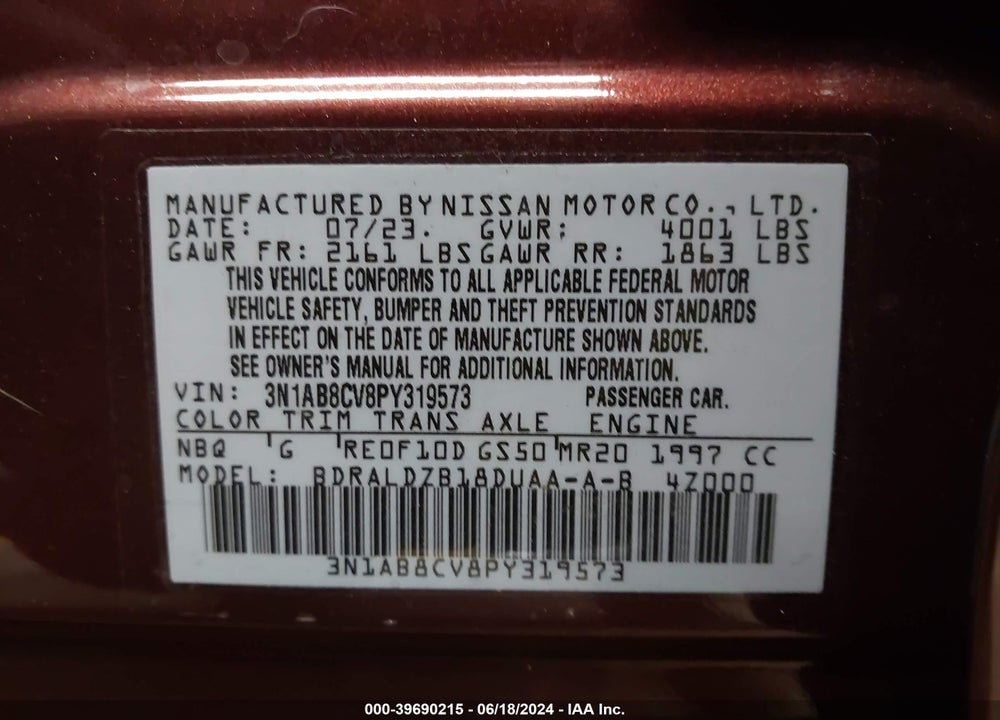 2023 NISSAN SENTRA SV XTRONIC CVT VIN: 3N1AB8CV8PY319573