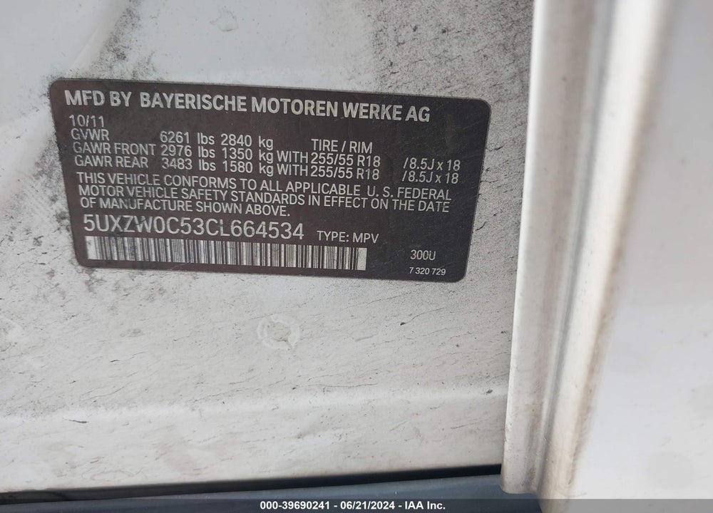 2012 BMW X5 XDRIVE35D VIN: 5UXZW0C53CL664534