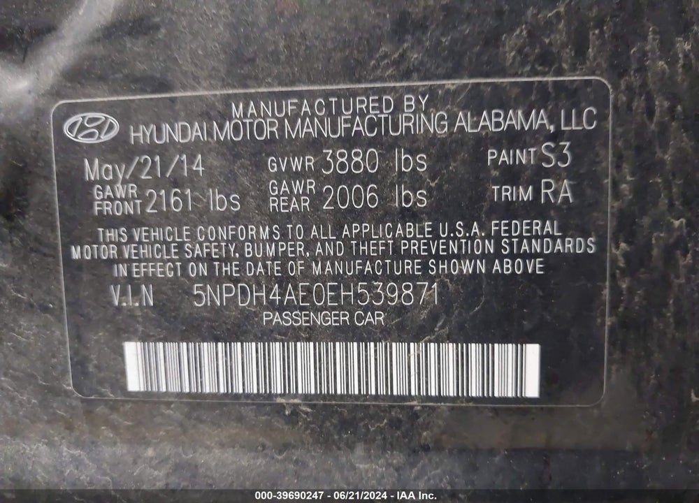 2014 HYUNDAI ELANTRA SE VIN: 5NPDH4AE0EH539871