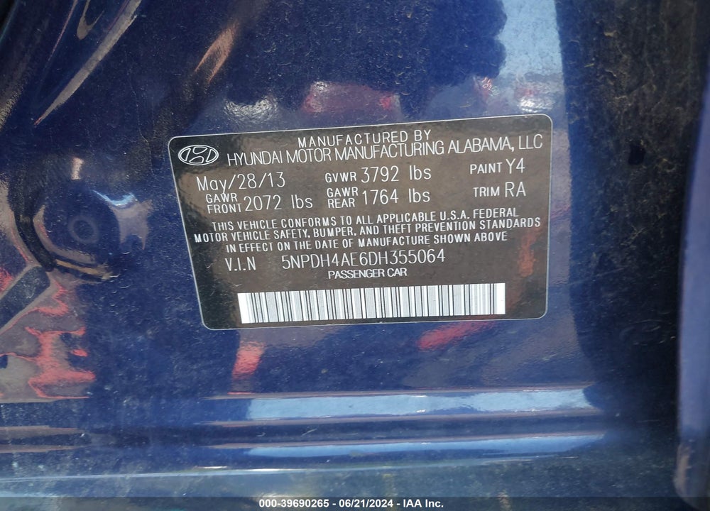 2013 HYUNDAI ELANTRA LIMITED VIN: 5NPDH4AE6DH355064