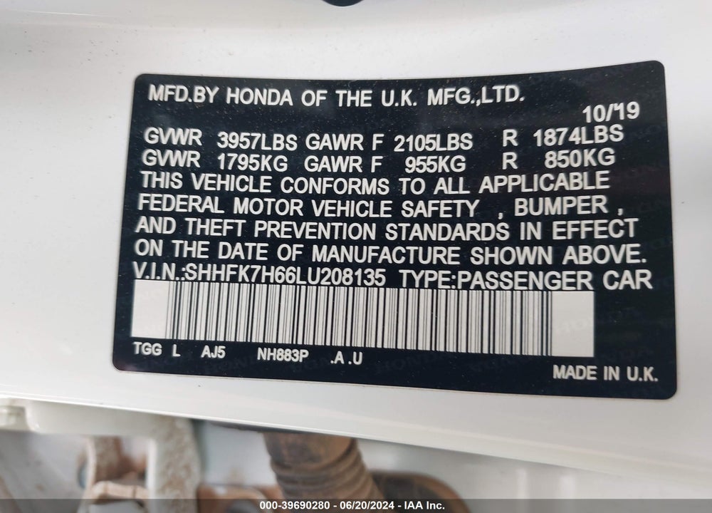 2020 HONDA CIVIC EX VIN: SHHFK7H66LU208135