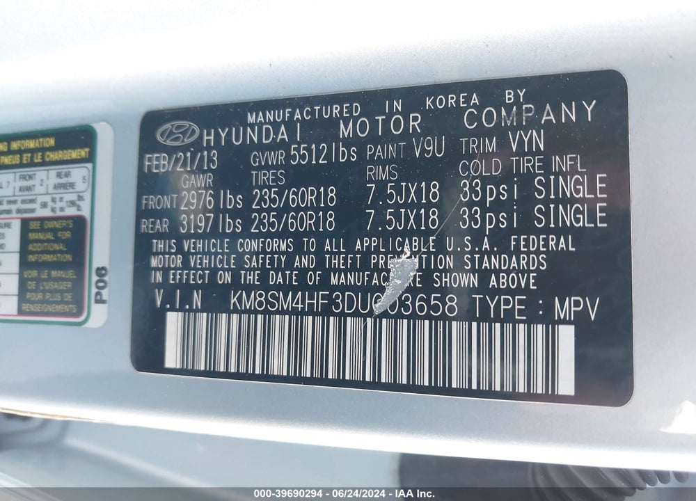 2013 HYUNDAI SANTA FE GLS VIN: KM8SM4HF3DU003658