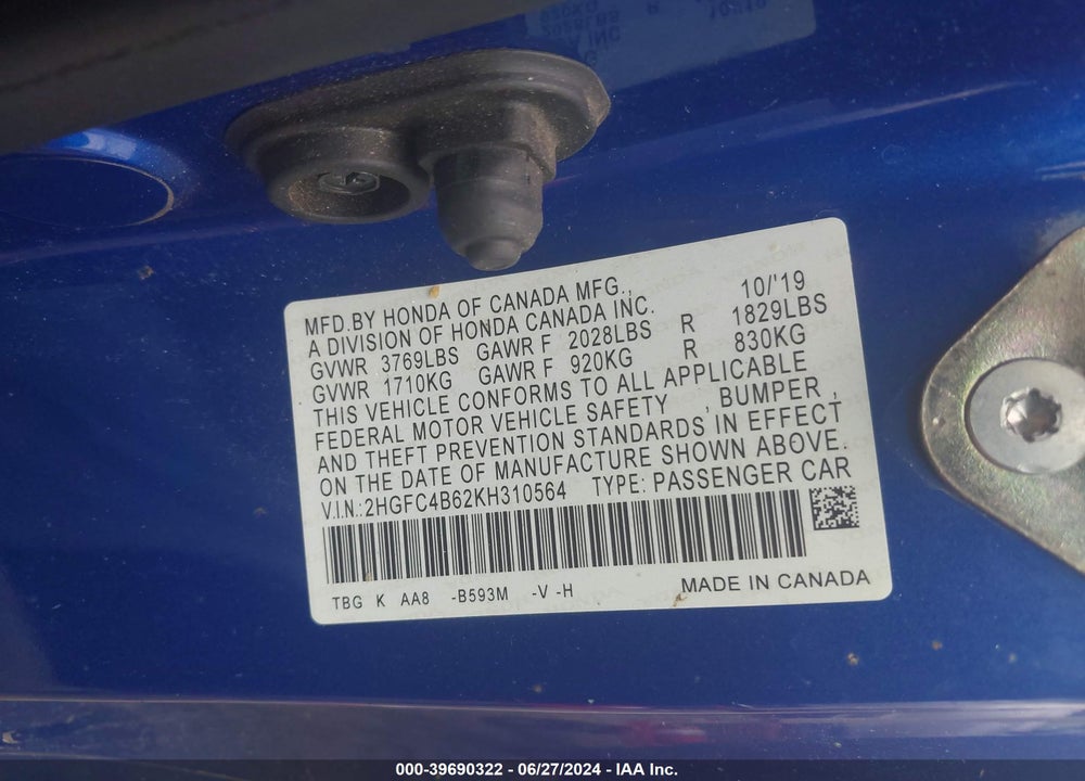 2019 HONDA CIVIC LX VIN: 2HGFC4B62KH310564