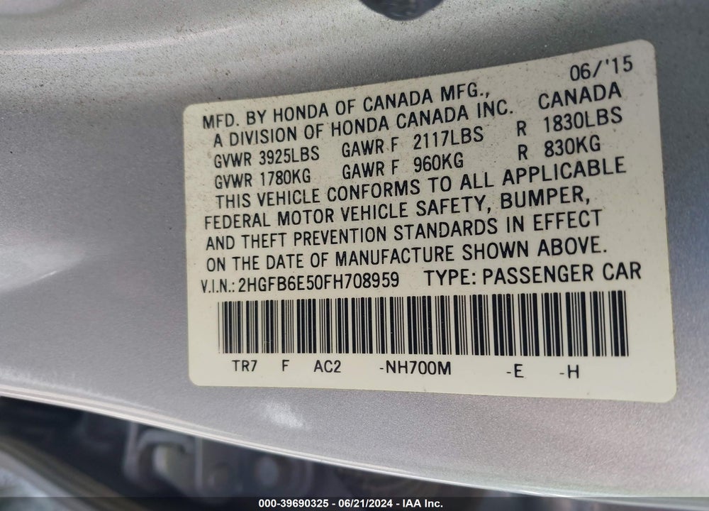 2015 HONDA CIVIC SI VIN: 2HGFB6E50FH708959