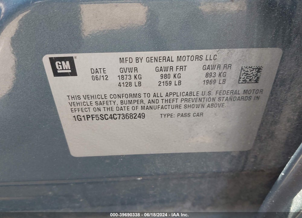 2012 CHEVROLET CRUZE 1LT VIN: 1G1PF5SC4C7368249
