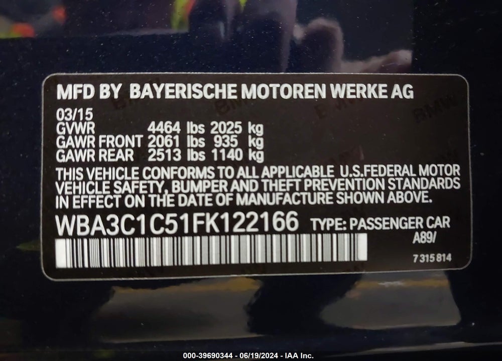 2015 BMW 328I VIN: WBA3C1C51FK122166