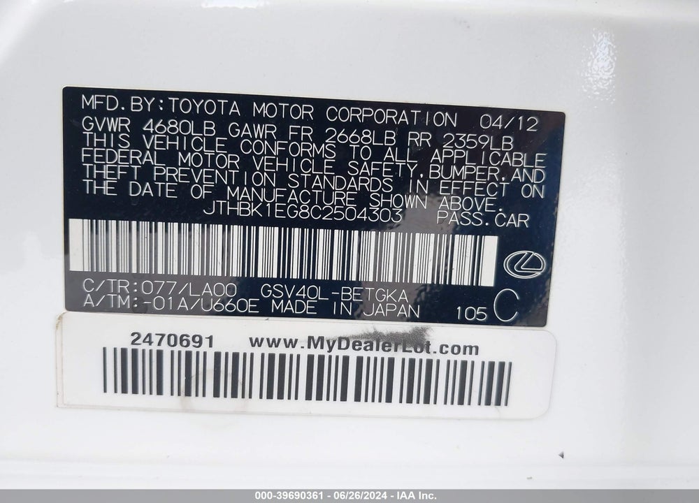 2012 LEXUS ES 350 VIN: JTHBK1EG8C2504303