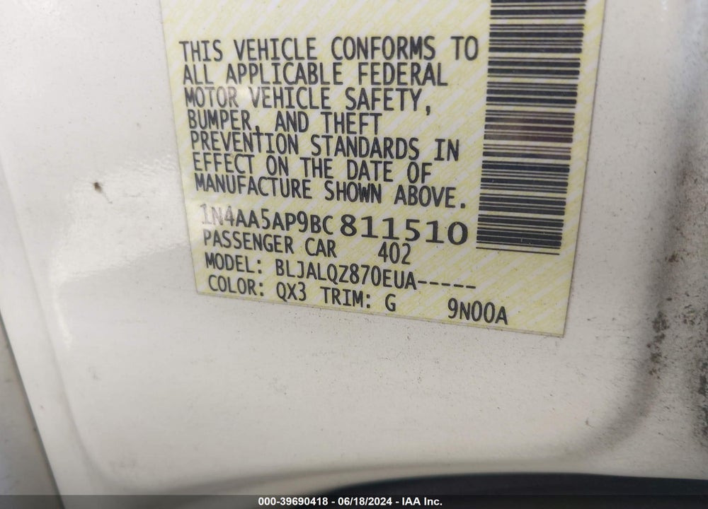 2011 NISSAN MAXIMA 3.5 S VIN: 1N4AA5AP9BC811510
