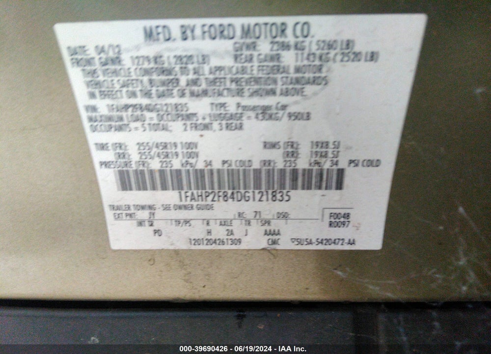 2013 FORD TAURUS LIMITED VIN: 1FAHP2F84DG121835