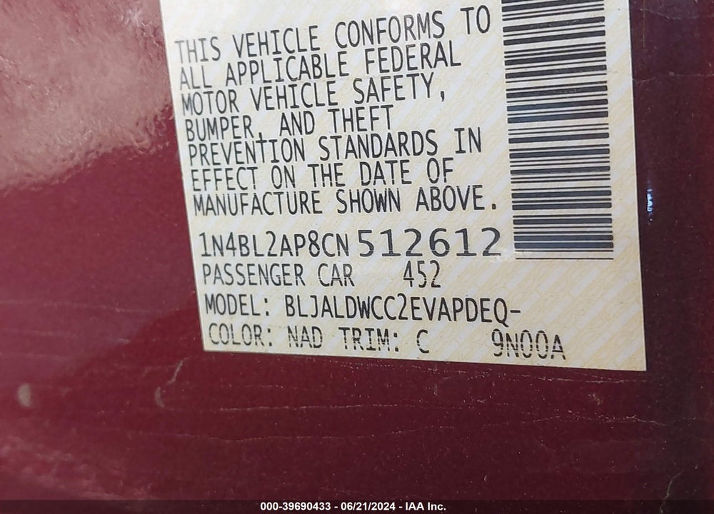 2012 NISSAN ALTIMA 3.5 SR VIN: 1N4BL2AP8CN512612