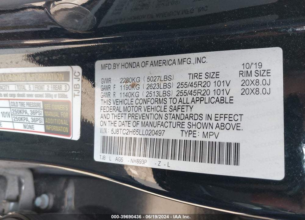 2020 ACURA RDX A-SPEC PACKAGE VIN: 5J8TC2H65LL020497