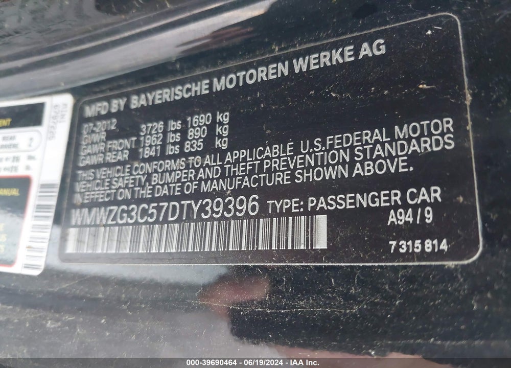 2013 MINI CLUBMAN COOPER S VIN: WMWZG3C57DTY39396