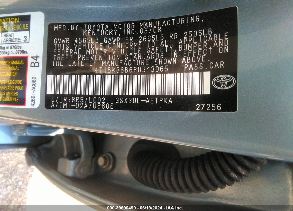 2008 TOYOTA AVALON LIMITED VIN: 4T1BK36B68U313065