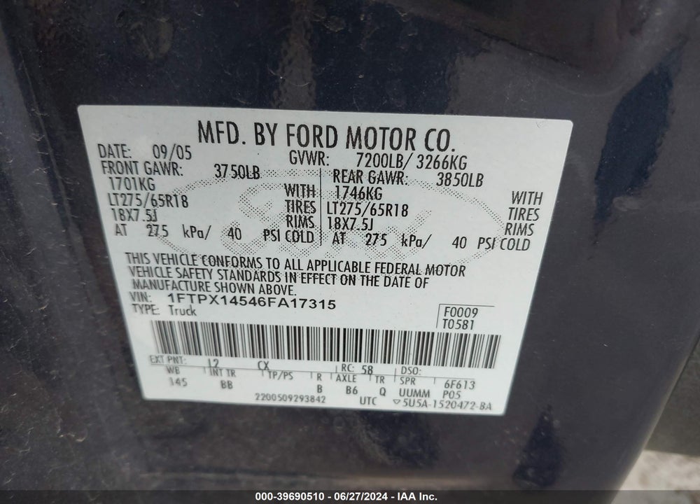 2006 FORD F-150 FX4/LARIAT/XL/XLT VIN: 1FTPX14546FA17315