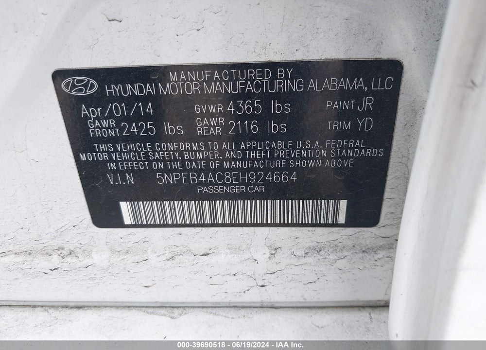 2014 HYUNDAI SONATA GLS VIN: 5NPEB4AC8EH924664