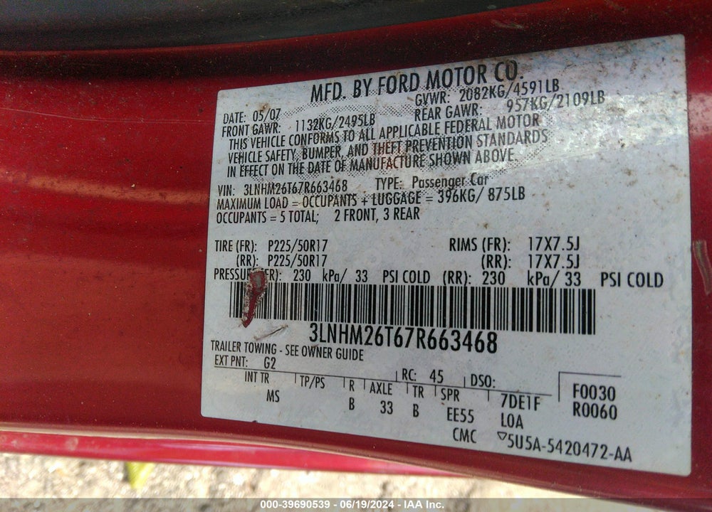 2007 LINCOLN MKZ VIN: 3LNHM26T67R663468
