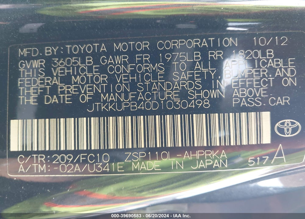 2013 SCION XD VIN: JTKKUPB40D1030498