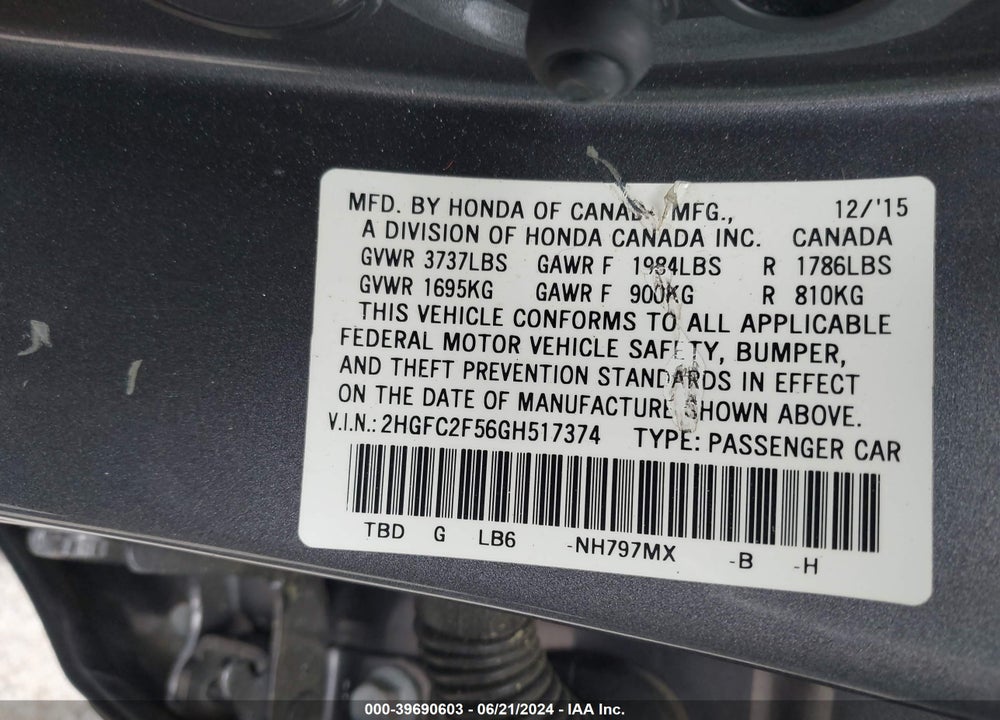 2016 HONDA CIVIC LX VIN: 2HGFC2F56GH517374