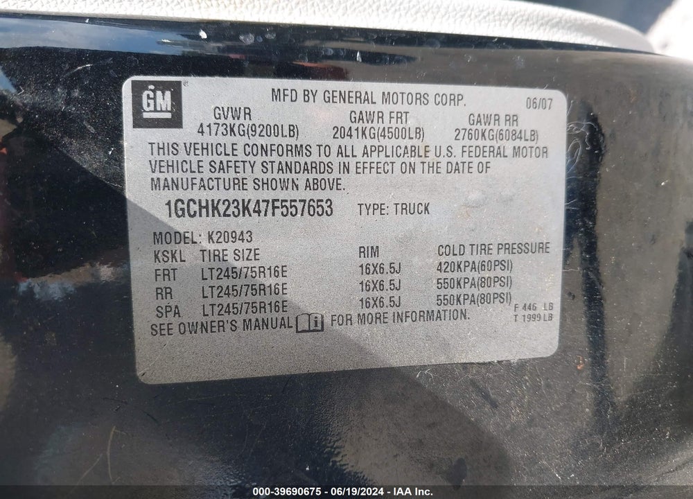 2007 CHEVROLET SILVERADO 2500HD LT1 VIN: 1GCHK23K47F557653