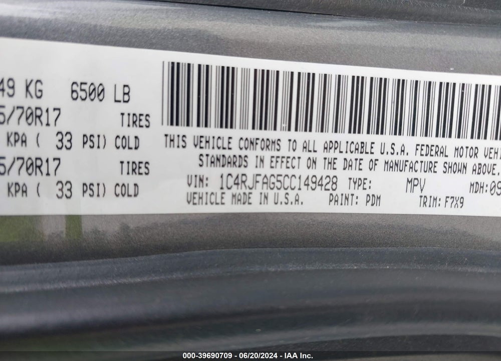 2012 JEEP GRAND CHEROKEE LAREDO VIN: 1C4RJFAG5CC149428