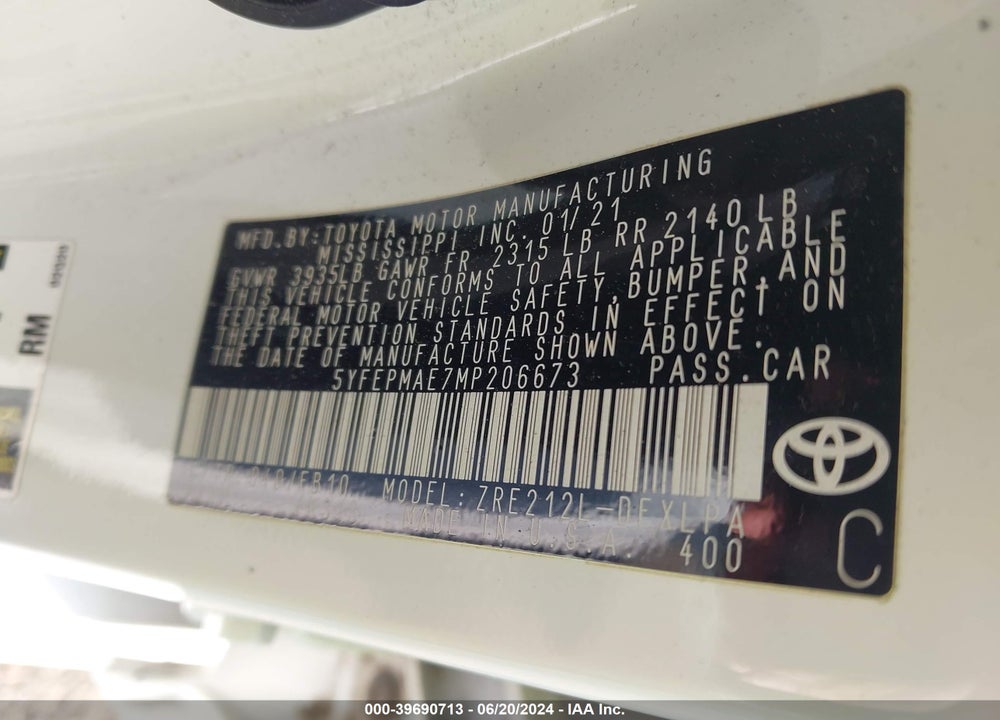 2021 TOYOTA COROLLA LE VIN: 5YFEPMAE7MP206673