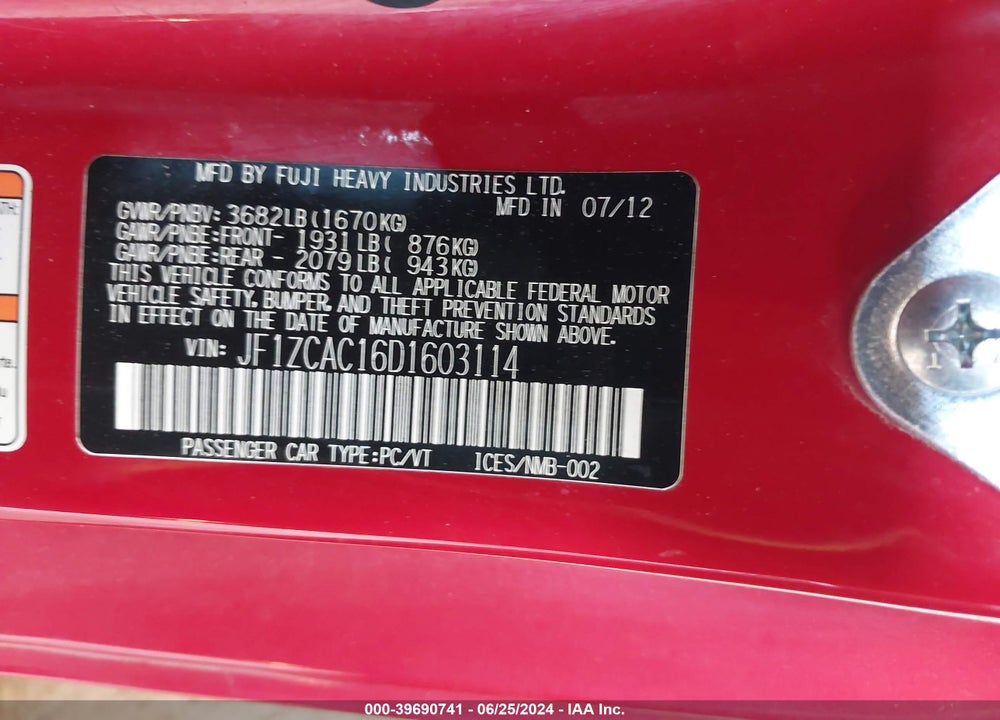 2013 SUBARU BRZ LIMITED VIN: JF1ZCAC16D1603114