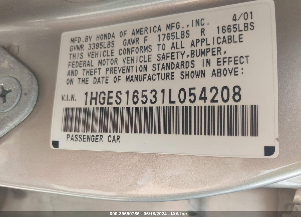 2001 HONDA CIVIC LX VIN: 1HGES16531L054208