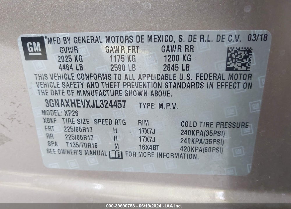 2018 CHEVROLET EQUINOX LS VIN: 3GNAXHEVXJL324457