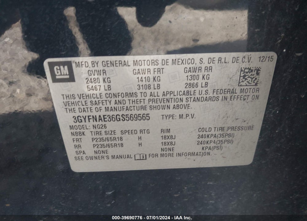 2016 CADILLAC SRX STANDARD VIN: 3GYFNAE36GS569565