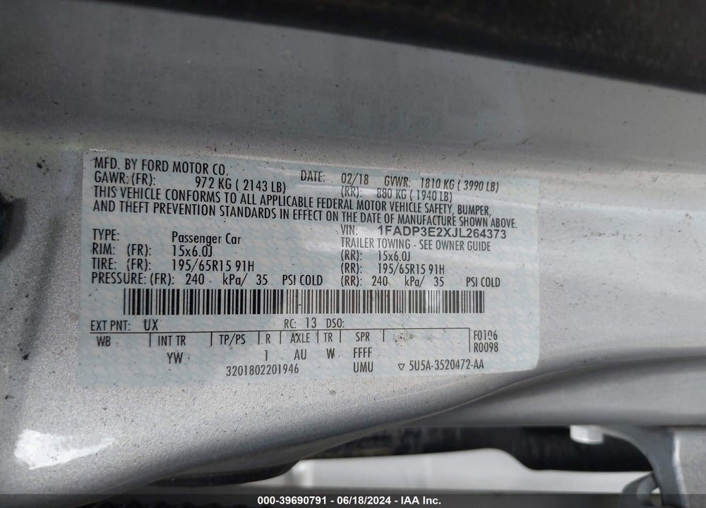 2018 FORD FOCUS S VIN: 1FADP3E2XJL264373