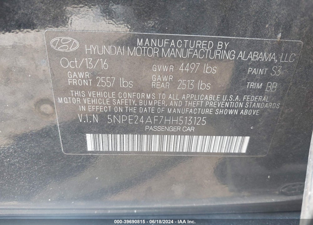 2017 HYUNDAI SONATA SE VIN: 5NPE24AF7HH513125