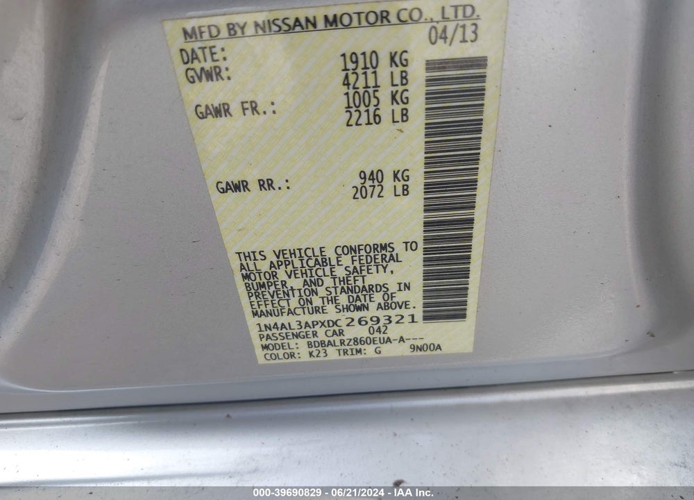 2013 NISSAN ALTIMA 2.5 S VIN: 1N4AL3APXDC269321