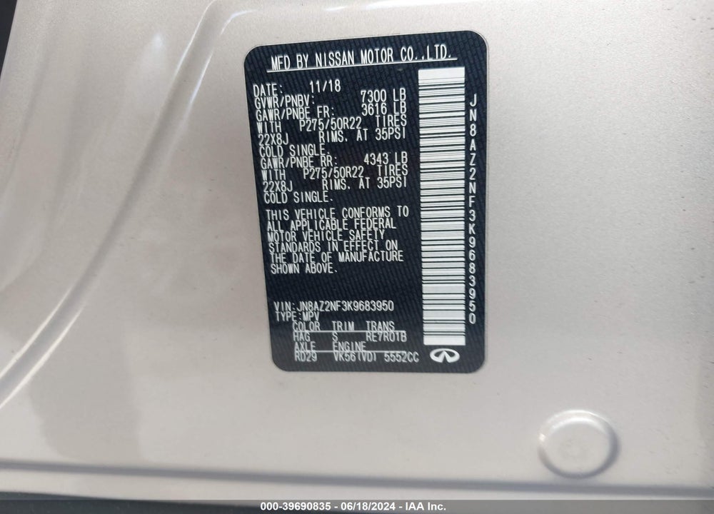 2019 INFINITI QX80 LUXE VIN: JN8AZ2NF3K9683950