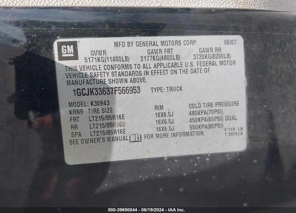 2007 CHEVROLET SILVERADO 3500 LTZ VIN: 1GCJK33637F566953