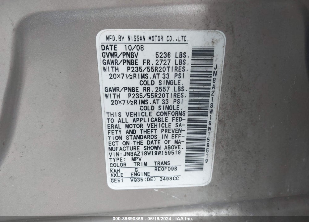 2009 NISSAN MURANO LE VIN: JN8AZ18W19W159519